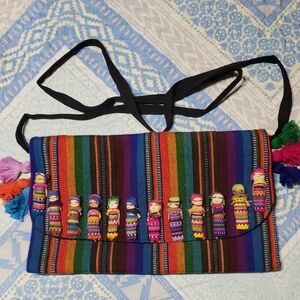 Unique Colorful Guatemalan Worry Doll Clutch with Attached Crossbody Strap